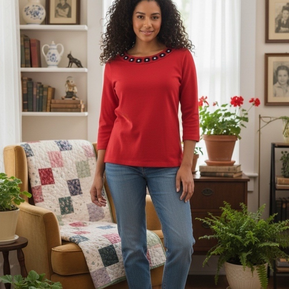 Ruby Rd. Woman Blouse Womens XL Red Crochet Neck 3/4 Sleeve Pullover Knit granny